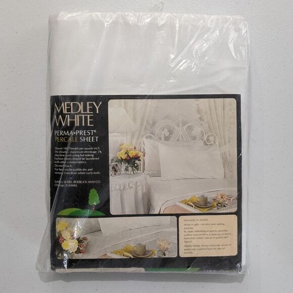 Medley White Vintage Full Flat Sheet Sears Perma Prest Percale Cotton Blend New - Picture 4 of 7